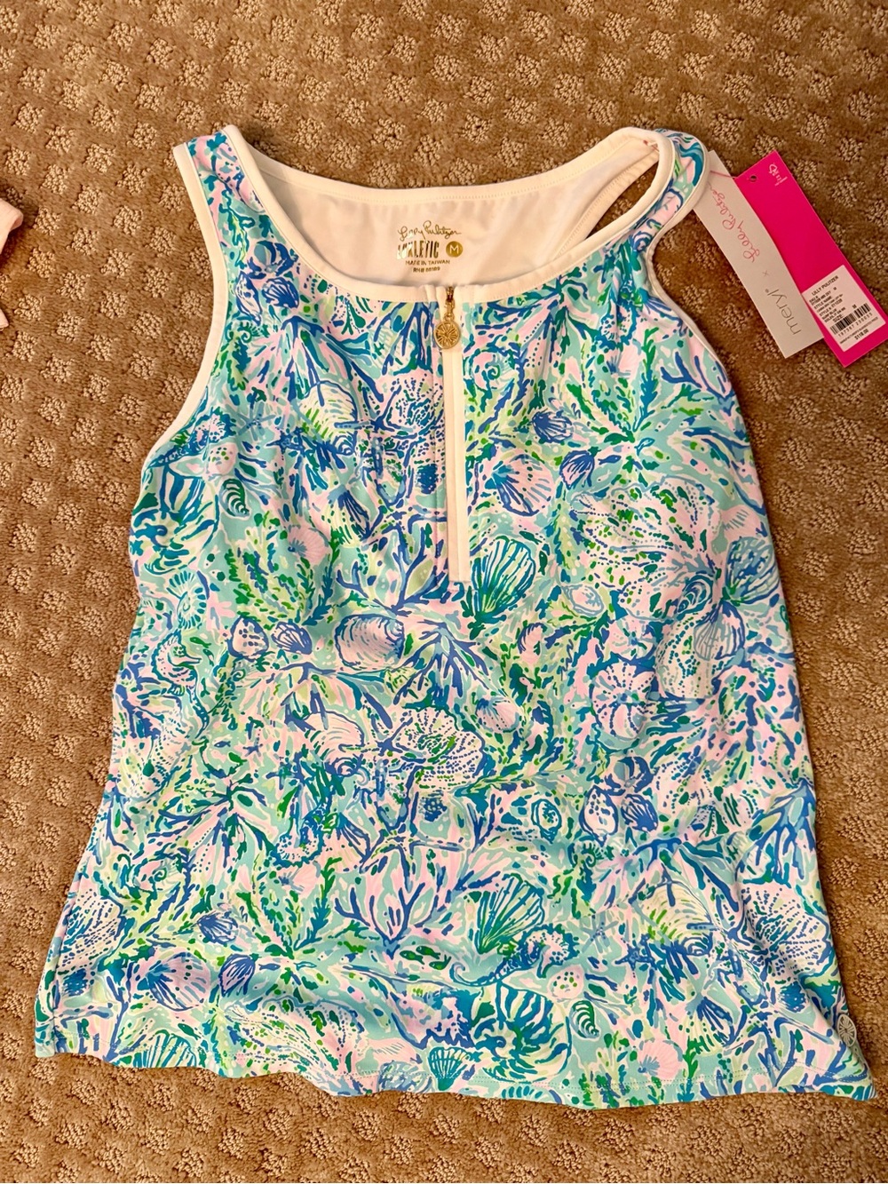 Lilly Pulitzer Canna Bra Tank Blue, Green & Pink Shell-Print Zip Tank.